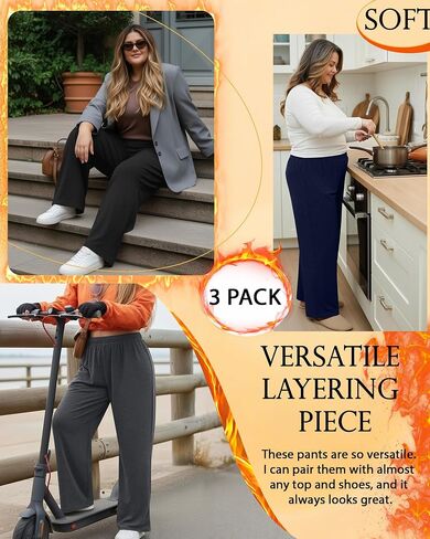 3 Pack Women's Plus Size Fleece Sweatpants Thermal Wide Leg Elastic Baggy Jogger Warm Pants Winter with Pockets in Saudi Arabia