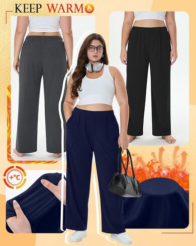 3 Pack Women's Plus Size Fleece Sweatpants Thermal Wide Leg Elastic Baggy Jogger Warm Pants Winter with Pockets in Saudi Arabia