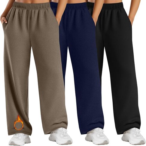 3 Pack Women's Plus Size Fleece Sweatpants Thermal Wide Leg Elastic Baggy Jogger Warm Pants Winter with Pockets in Saudi Arabia