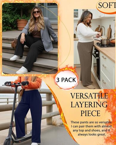 3 Pack Women's Plus Size Fleece Sweatpants Thermal Wide Leg Elastic Baggy Jogger Warm Pants Winter with Pockets in Saudi Arabia