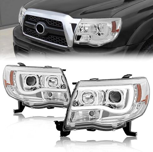 مجموعة المصابيح الأمامية لجهاز العرض HECASA متوافقة مع 2005-2011 Toyota Tacoma U-Type LED Tube Bar DRL المصابيح الأمامية للسائق والركاب من جانب الركاب عدسة شفافة غطاء كروم in Saudi Arabia