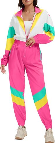 UOUA 80s Outfit for Women 90s Costume Jumpsuits Long Sleeves Windbreaker One Piece Party Tracksuit in Saudi Arabia