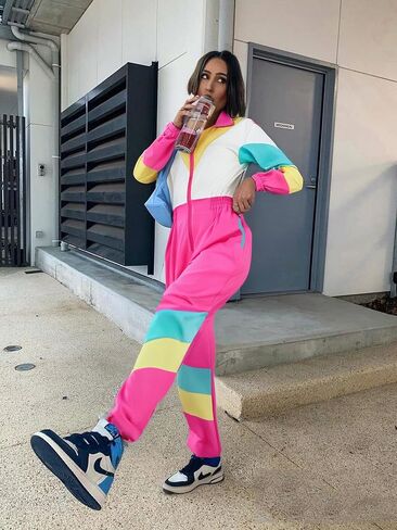 UOUA 80s Outfit for Women 90s Costume Jumpsuits Long Sleeves Windbreaker One Piece Party Tracksuit in Saudi Arabia