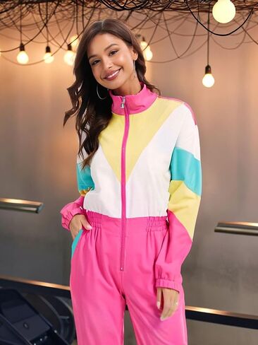 UOUA 80s Outfit for Women 90s Costume Jumpsuits Long Sleeves Windbreaker One Piece Party Tracksuit in Saudi Arabia