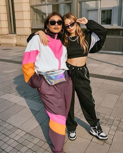 UOUA 80s Outfit for Women 90s Costume Jumpsuits Long Sleeves Windbreaker One Piece Party Tracksuit in Saudi Arabia