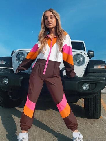 UOUA 80s Outfit for Women 90s Costume Jumpsuits Long Sleeves Windbreaker One Piece Party Tracksuit in Saudi Arabia