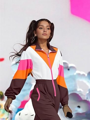 UOUA 80s Outfit for Women 90s Costume Jumpsuits Long Sleeves Windbreaker One Piece Party Tracksuit in Saudi Arabia