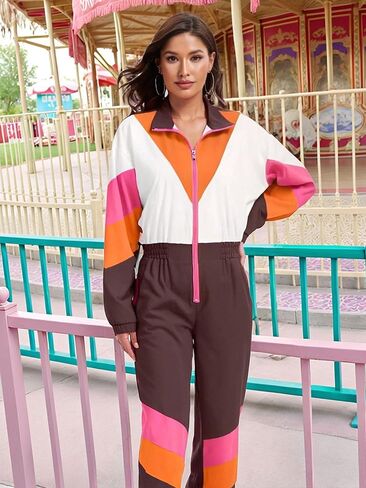 UOUA 80s Outfit for Women 90s Costume Jumpsuits Long Sleeves Windbreaker One Piece Party Tracksuit in Saudi Arabia