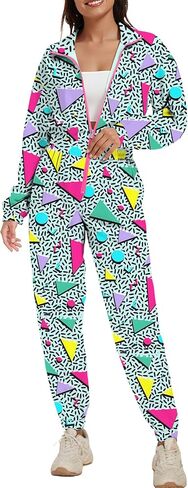UOUA 80s Outfit for Women 90s Costume Jumpsuits Long Sleeves Windbreaker One Piece Party Tracksuit in Saudi Arabia