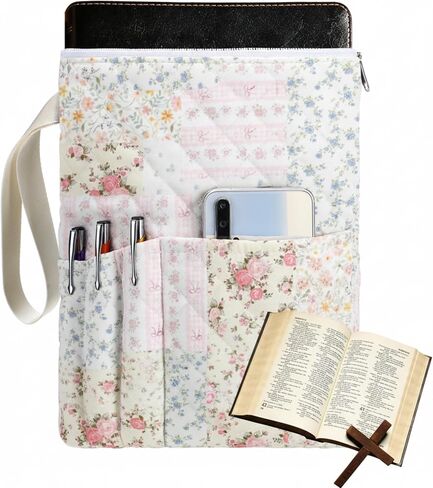 Quilted Bible Cover, 11 x 9 Inch Bible Case for Women Floral Book Sleeve with Handle Pockets Zipper Padded Book Protector Washable Quilted Cotton Cover Case Gifts Fits for Standard Size Bible in Saudi Arabia