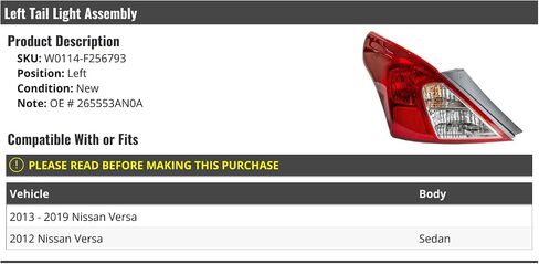Left Driver Side Tail Light Assembly - Compatible with 2012-2019 Nissan Versa in Saudi Arabia