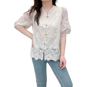 Women's Long Sleeve Sheer Floral Embroidered Through Button Down Blouse Lightweight Boho Crew Neck Shirts in Saudi Arabia