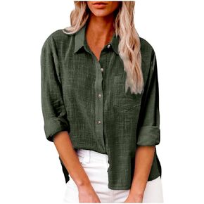 Womens Long Sleeve Cotton Linen Shirts Dressy Casual Work Blouse Collared Button Down Shirt with Pocket Fall Tops in Kuwait