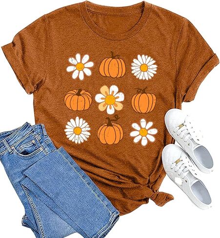 Pumpkin Shirts for Women Fall Tshirts Thanksgiving Shirt Cute Daisy Floral Graphic Short Sleeve Tees Tops in Saudi Arabia
