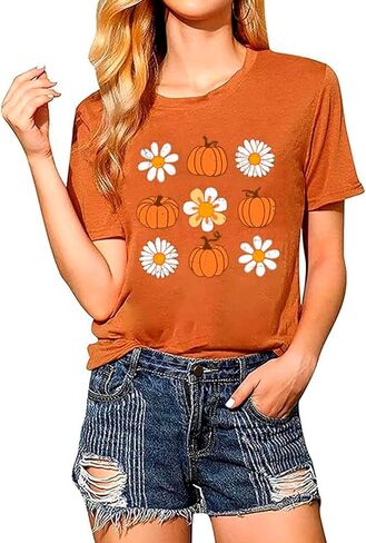 Pumpkin Shirts for Women Fall Tshirts Thanksgiving Shirt Cute Daisy Floral Graphic Short Sleeve Tees Tops in Saudi Arabia