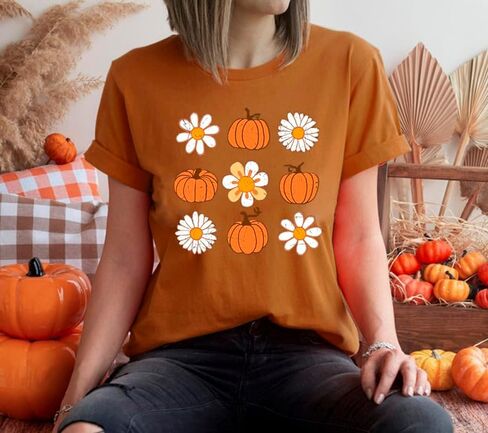 Pumpkin Shirts for Women Fall Tshirts Thanksgiving Shirt Cute Daisy Floral Graphic Short Sleeve Tees Tops in Saudi Arabia