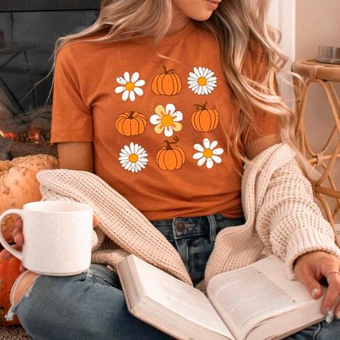 Pumpkin Shirts for Women Fall Tshirts Thanksgiving Shirt Cute Daisy Floral Graphic Short Sleeve Tees Tops in Saudi Arabia