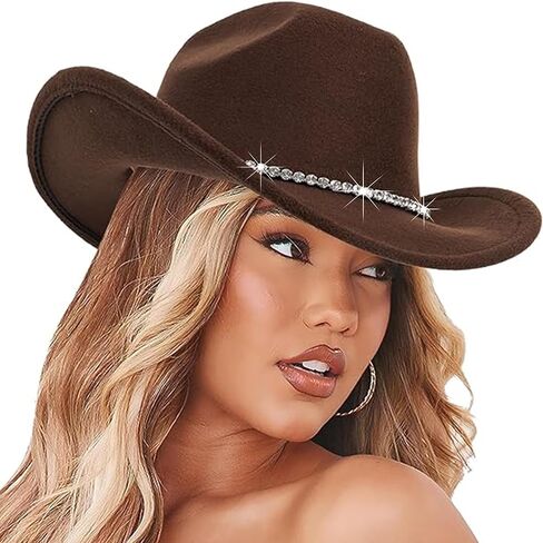Classic-Western Felt-Cowboy-Hat for Men-Women Solid-Color Roll-Up-Brim Cowgirl-Hat with Rivets Rhinestones Decor Medium in Kuwait