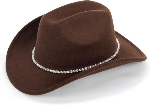 Classic-Western Felt-Cowboy-Hat for Men-Women Solid-Color Roll-Up-Brim Cowgirl-Hat with Rivets Rhinestones Decor Medium in Kuwait