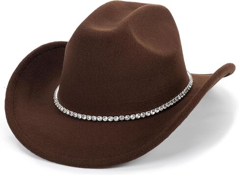 Classic-Western Felt-Cowboy-Hat for Men-Women Solid-Color Roll-Up-Brim Cowgirl-Hat with Rivets Rhinestones Decor Medium in Kuwait