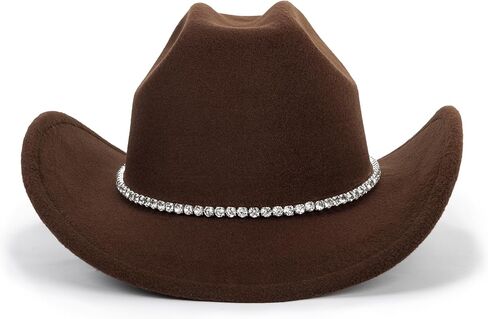 Classic-Western Felt-Cowboy-Hat for Men-Women Solid-Color Roll-Up-Brim Cowgirl-Hat with Rivets Rhinestones Decor Medium in Kuwait