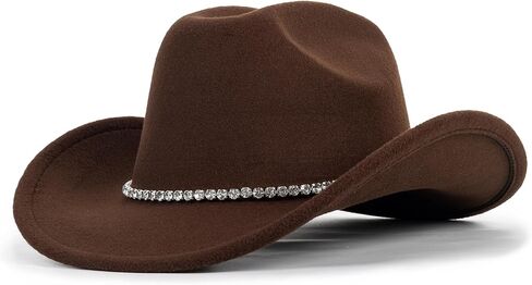 Classic-Western Felt-Cowboy-Hat for Men-Women Solid-Color Roll-Up-Brim Cowgirl-Hat with Rivets Rhinestones Decor Medium in Kuwait