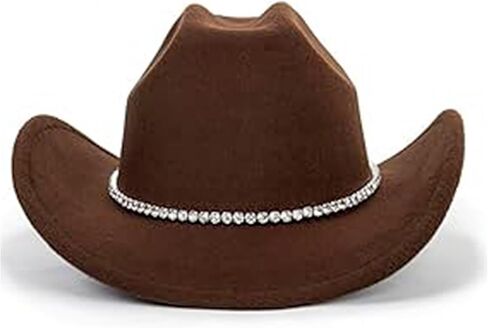 Classic-Western Felt-Cowboy-Hat for Men-Women Solid-Color Roll-Up-Brim Cowgirl-Hat with Rivets Rhinestones Decor Medium in Kuwait