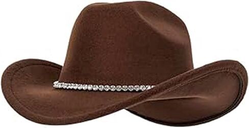 Classic-Western Felt-Cowboy-Hat for Men-Women Solid-Color Roll-Up-Brim Cowgirl-Hat with Rivets Rhinestones Decor Medium in Kuwait