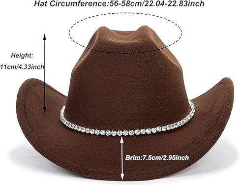 Classic-Western Felt-Cowboy-Hat for Men-Women Solid-Color Roll-Up-Brim Cowgirl-Hat with Rivets Rhinestones Decor Medium in Kuwait