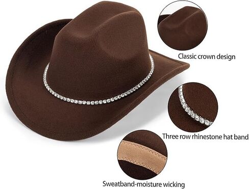 Classic-Western Felt-Cowboy-Hat for Men-Women Solid-Color Roll-Up-Brim Cowgirl-Hat with Rivets Rhinestones Decor Medium in Kuwait