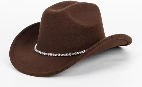 Classic-Western Felt-Cowboy-Hat for Men-Women Solid-Color Roll-Up-Brim Cowgirl-Hat with Rivets Rhinestones Decor Medium in Kuwait