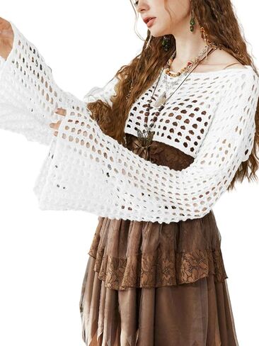 SHENHE Women's Hollow Out Knitted Pullover Sweater Crochet Cropped Sweater Top Long Sleeve Casual Cover Up Top in Saudi Arabia