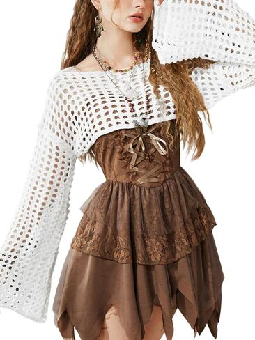 SHENHE Women's Hollow Out Knitted Pullover Sweater Crochet Cropped Sweater Top Long Sleeve Casual Cover Up Top in Saudi Arabia