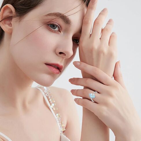 Moon and Star Ring S925 Sterling Silver Crescent Moon Star Ring Opal Open Ring Adjustable Ring Gift for Women in Kuwait