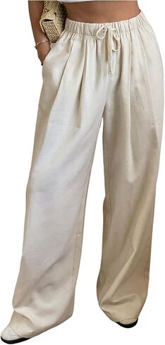 GORGLITTER Women's Low Rise Pants Boho Pleated Wide Leg Pants Casual Linen Pants in Saudi Arabia