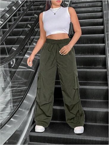 بنطال Verdusa النسائي ذو المقاس الكبير بأرجل واسعة وبنطلون طويل مع جيوب in Kuwait