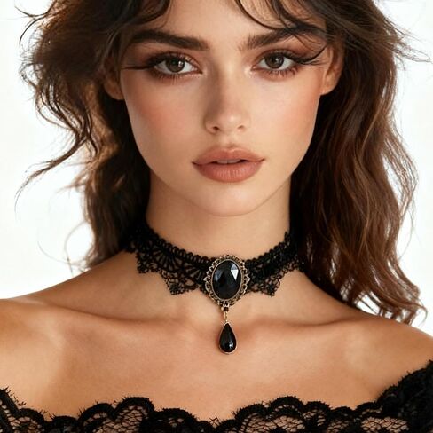 GRAEEN Gothic Black Lace Choker Necklaces Royal Court Vampire Chokers with Rhinestone Pendant Halloween Lace Clavicle Necklace Jewelry for Women in Kuwait