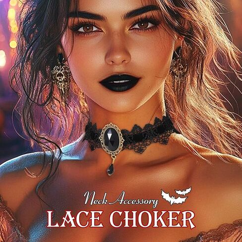 GRAEEN Gothic Black Lace Choker Necklaces Royal Court Vampire Chokers with Rhinestone Pendant Halloween Lace Clavicle Necklace Jewelry for Women in Kuwait