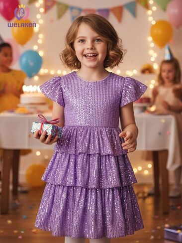 WELAKEN Girls Sequin Dress Glittering Flutter Sleeve Tiered Layer Birthday Party Dresses in Kuwait