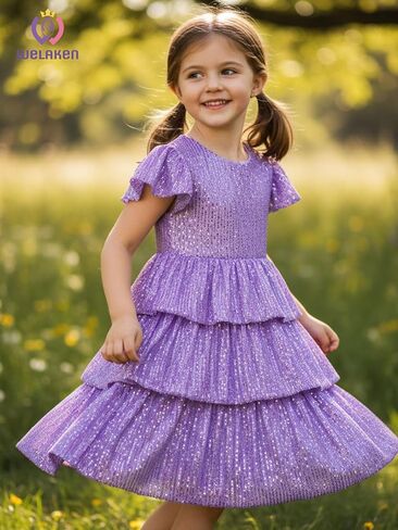 WELAKEN Girls Sequin Dress Glittering Flutter Sleeve Tiered Layer Birthday Party Dresses in Kuwait
