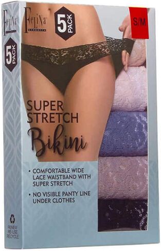 Felina Ladies' Super Stretch Bikini with Lace, 5-Pack (Gray, Pink, Navy, Tan, Black, S/M) in Saudi Arabia