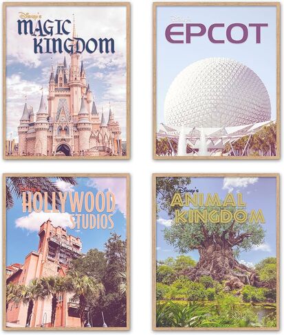 مجموعة من 4 ملصقات عتيقة لمتنزهات ديزني - المملكة السحرية، EPCOT، استوديوهات هوليوود، مملكة الحيوانات - غير مؤطرة - مطبوعات فنية جدارية قديمة لديكور منزل ديزني، مقاس 8 × 10 بوصة in Kuwait