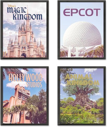 مجموعة من 4 ملصقات عتيقة لمتنزهات ديزني - المملكة السحرية، EPCOT، استوديوهات هوليوود، مملكة الحيوانات - غير مؤطرة - مطبوعات فنية جدارية قديمة لديكور منزل ديزني، مقاس 8 × 10 بوصة in Kuwait