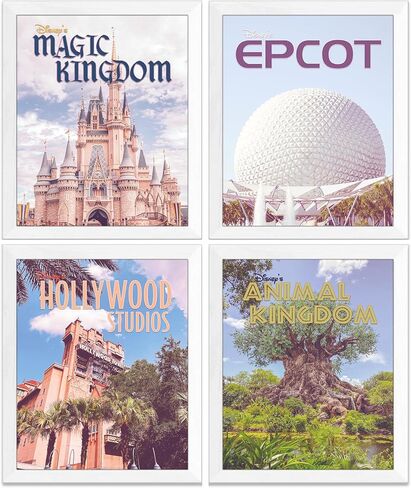 مجموعة من 4 ملصقات عتيقة لمتنزهات ديزني - المملكة السحرية، EPCOT، استوديوهات هوليوود، مملكة الحيوانات - غير مؤطرة - مطبوعات فنية جدارية قديمة لديكور منزل ديزني، مقاس 8 × 10 بوصة in Kuwait