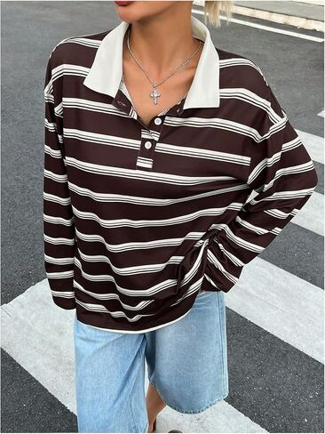 SOLY HUX Women's Striped Oversized T Shirts Collared Long Sleeve Vintage Tees Streetwear in Saudi Arabia