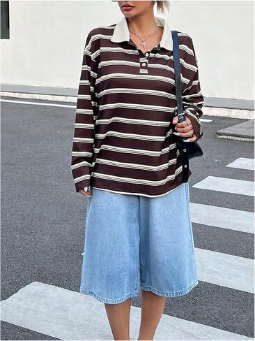 SOLY HUX Women's Striped Oversized T Shirts Collared Long Sleeve Vintage Tees Streetwear in Saudi Arabia