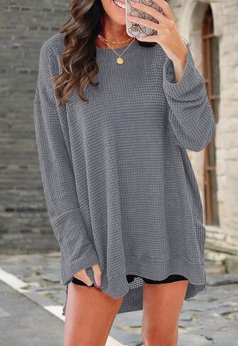2025 New Womens Waffle Knit Long Sleeve Tunic Tops Crewneck Casual Fall Pullover Sweatshirts Side Slits Shirt in Saudi Arabia