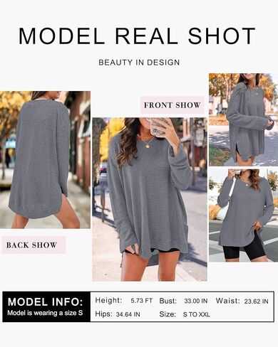 2025 New Womens Waffle Knit Long Sleeve Tunic Tops Crewneck Casual Fall Pullover Sweatshirts Side Slits Shirt in Saudi Arabia