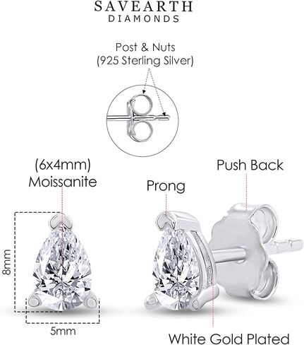 18k Gold Plated Sterling Silver Post Solitaire Stud Earrings | 4X6MM Pear & Oval Moissanite Diamond Stud Earrings for Women | Jewelry Gifts For Her Push Back Earrings in Saudi Arabia