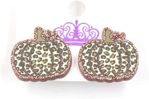 Luaa Leopard Print Pumpkin Stud Earrings for Women – Fall Acrylic Earrings with Glitter Outline – Stainless Steel Posts – Autumn Colors Halloween and Thanksgiving Jewelry – 0.75 Inch in Saudi Arabia